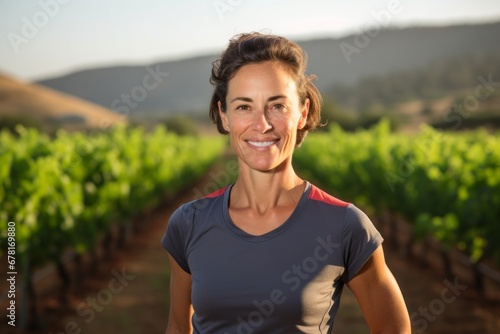 Portrait of a glad woman in her 40s wearing a sporty polo shirt against a backdrop of rolling vineyards. AI Generation