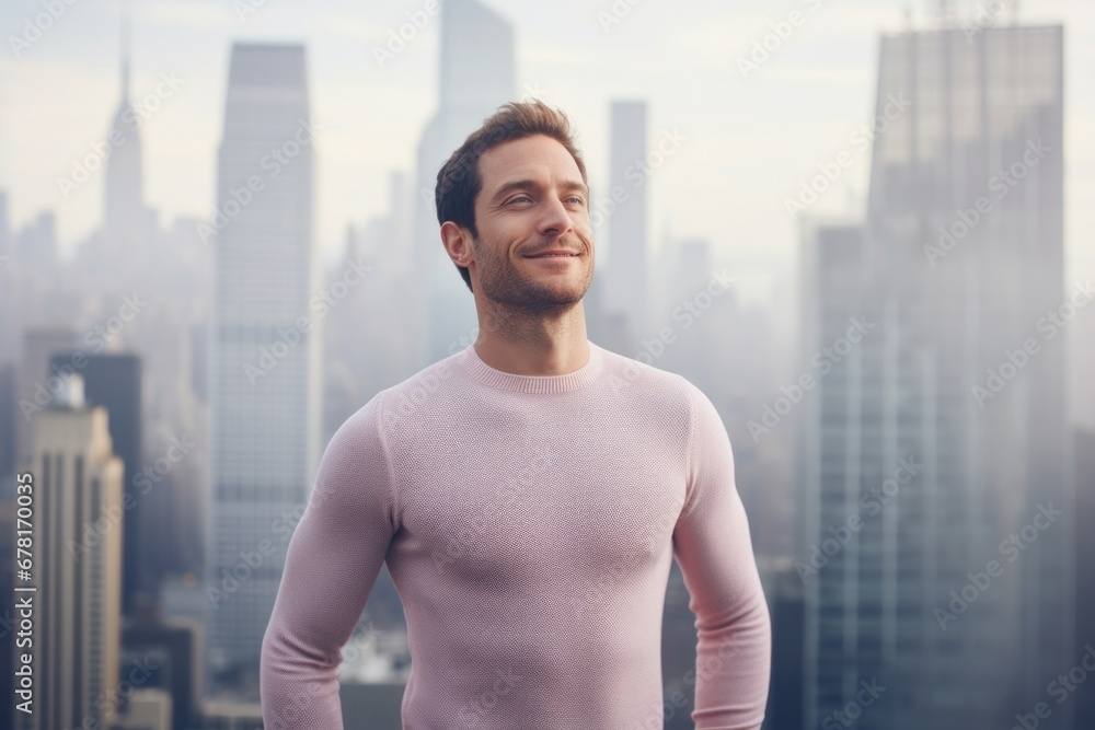 Portrait of a content man in his 30s showing off a thermal merino wool top against a stunning skyscraper skyline. AI Generation