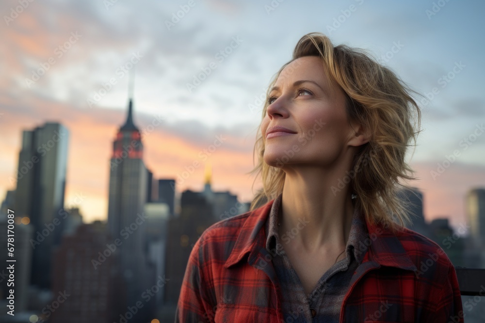 Portrait of a blissful woman in her 40s wearing a comfy flannel shirt against a stunning skyscraper skyline. AI Generation