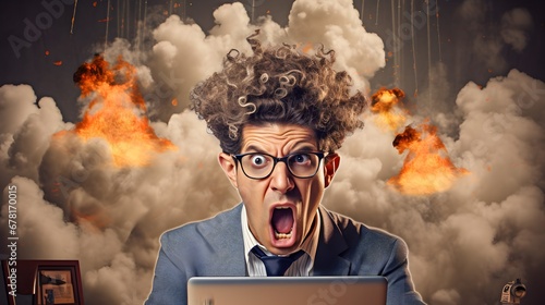 Dramatic reaction of an office worker with a fiery explosion backdrop, portraying intense work pressure, stress or crisis