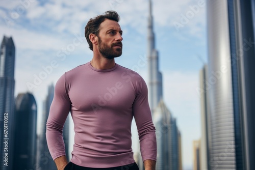 Portrait of a content man in his 30s showing off a thermal merino wool top against a stunning skyscraper skyline. AI Generation
