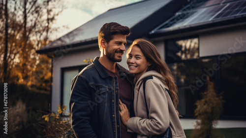 couple smile posing with solar panels at home