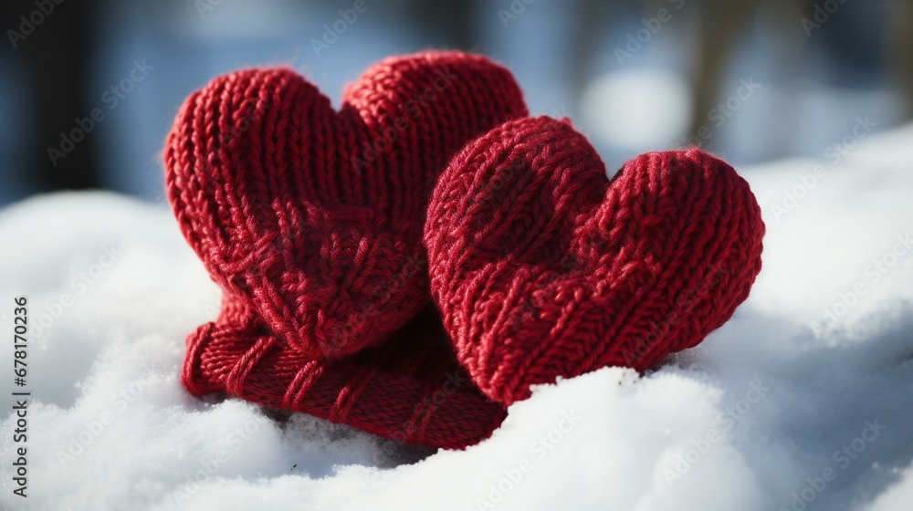 Love in Winter Wonderland: Trio of Hand-Knitted Red Hearts Resting on Fresh Snow