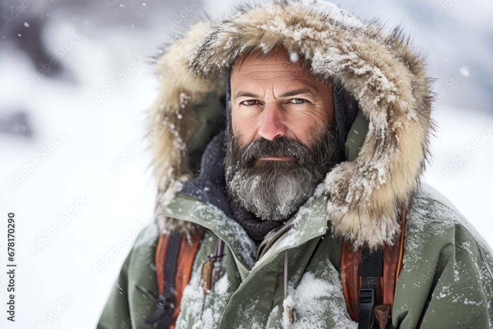 a rugged man in a fur lined parka