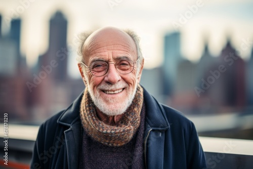 Portrait of a grinning man in his 60s wearing a cozy sweater against a stunning skyscraper skyline. AI Generation