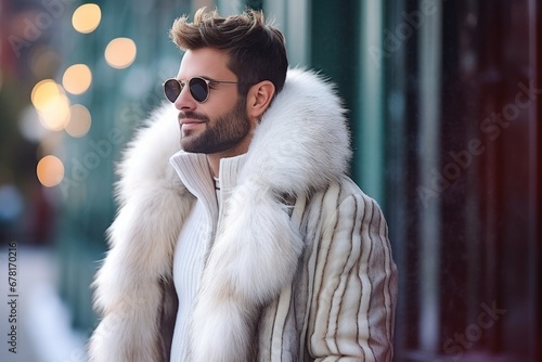 a stylish guy in a faux fur coat photo