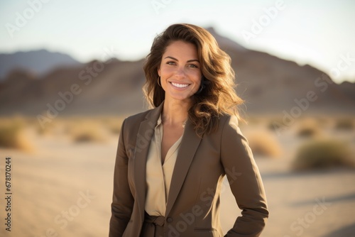 Portrait of a smiling woman in her 30s wearing a professional suit jacket against a backdrop of desert dunes. AI Generation