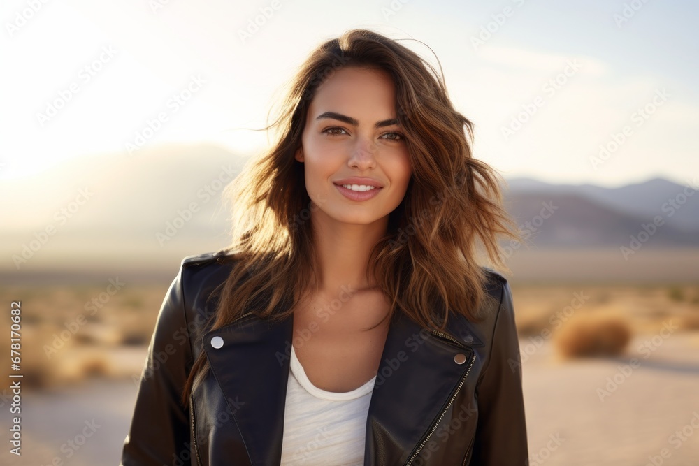Portrait of a happy woman in her 20s sporting a stylish leather blazer against a backdrop of desert dunes. AI Generation Portrait of a happy woman in her 20s sporting a stylish leather blazer against a backdrop of desert dunes. AI Generation