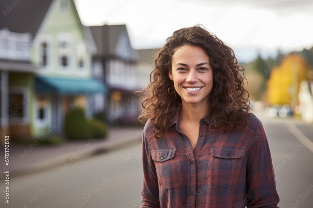 Portrait of a cheerful woman in her 30s wearing a comfy flannel shirt against a charming small town main street. AI Generation