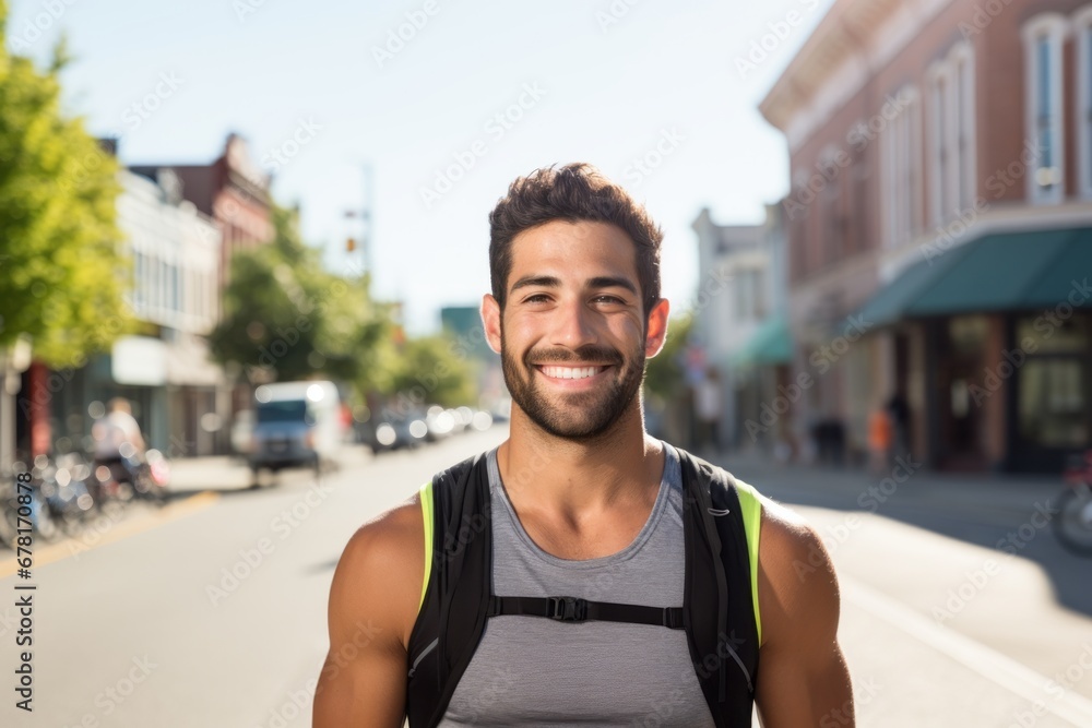 Portrait of a content man in his 30s wearing a lightweight running vest against a charming small town main street. AI Generation Portrait of a content man in his 30s wearing a lightweight running vest against a charming small town main street. AI Generation