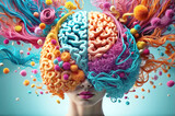 Human brain activity and mental health concept, woman with vibrant hair and a brain, symbolizing creativity and intellect