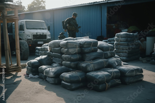 Drug trafficking Police stopped. Criminals transporting consignment of drugs. Police arest and seized a shipment of drugs, stopped drug courier, drug dealer, drug trafficker. Border custom control. photo
