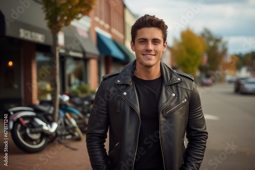 Portrait of a blissful man in his 20s sporting a classic leather jacket against a charming small town main street. AI Generation