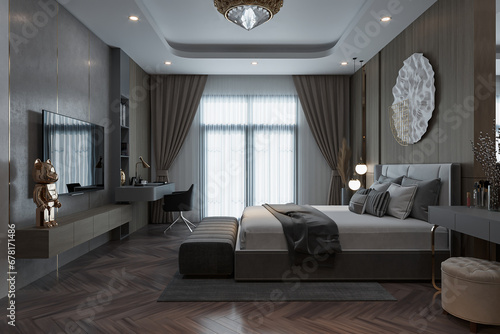 The interior design of Modern style bedroom along with Luxurious furniture  Large window for the modern lifestyle