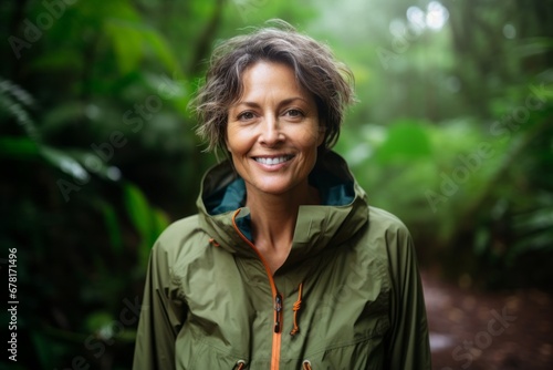 Portrait of a grinning woman in her 50s wearing a lightweight packable anorak against a lush tropical rainforest. AI Generation