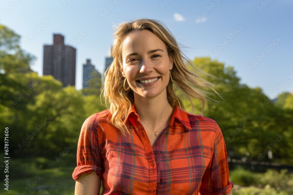 Portrait of a merry woman in her 30s sporting a breathable hiking shirt against a vibrant city park. AI Generation