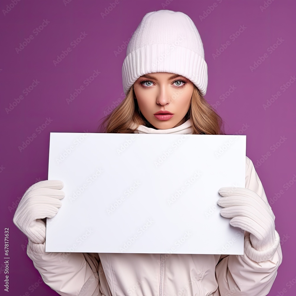 a stunning lady with a white placard in her hands making a statement in the winter a stunning lady with a white placard in her hands making a statement in the winter