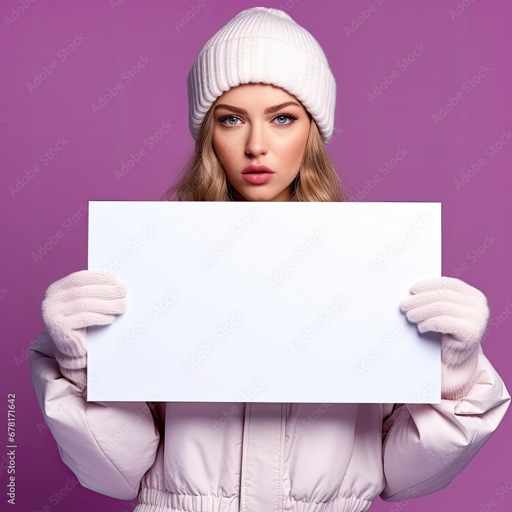 a stunning lady with a white placard in her hands making a statement in the winter a stunning lady with a white placard in her hands making a statement in the winter