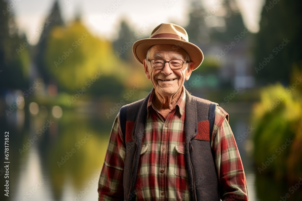 Portrait of a smiling man in his 80s sporting a vented fishing shirt against a vibrant city park. AI Generation Portrait of a smiling man in his 80s sporting a vented fishing shirt against a vibrant city park. AI Generation
