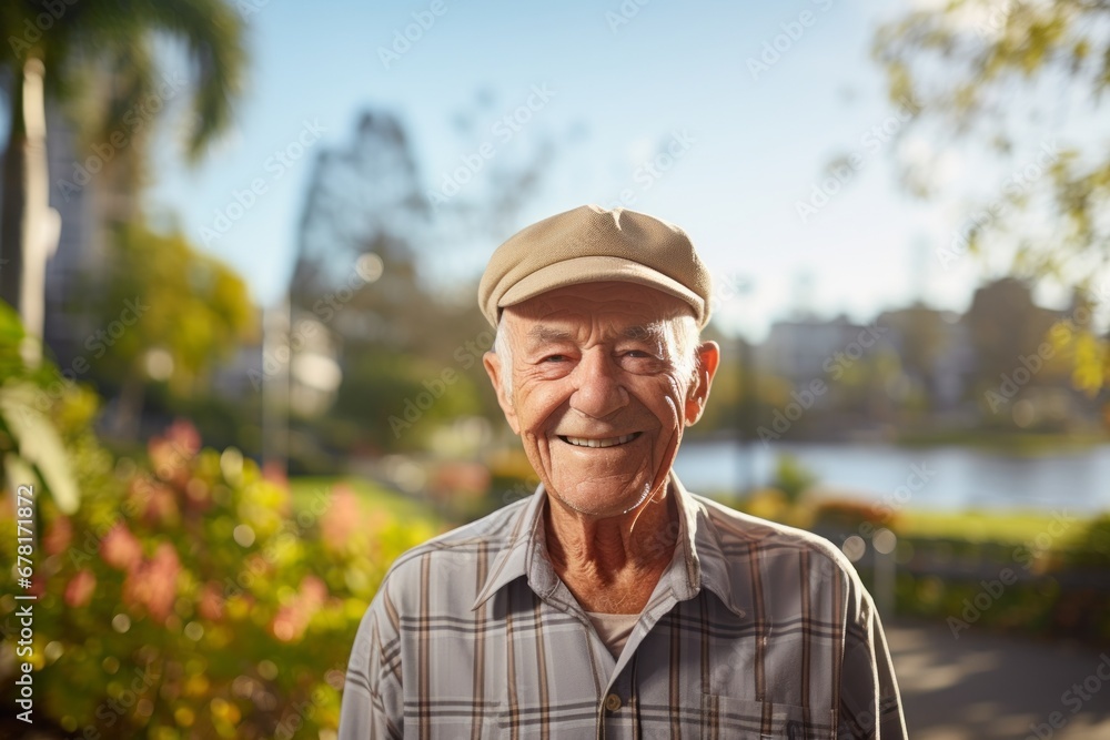 Portrait of a smiling man in his 80s sporting a vented fishing shirt against a vibrant city park. AI Generation