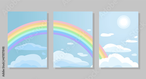 Set of sky background  frames. Rainbow  sun and clouds. Vector illustration. Social media banner template for stories  posts  blogs  cards  invitations.