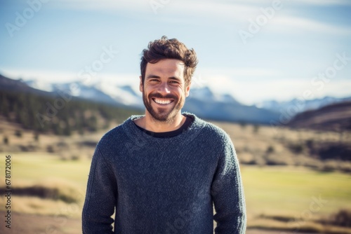 Portrait of a smiling man in his 30s wearing a cozy sweater against a panoramic mountain vista. AI Generation