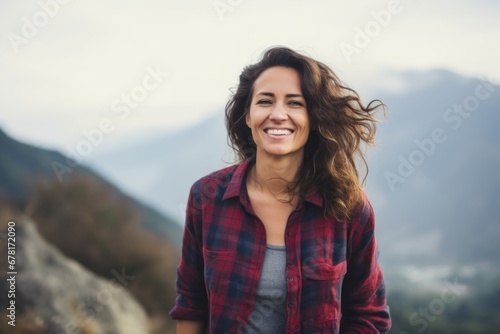 Portrait of a happy woman in her 40s wearing a comfy flannel shirt against a panoramic mountain vista. AI Generation