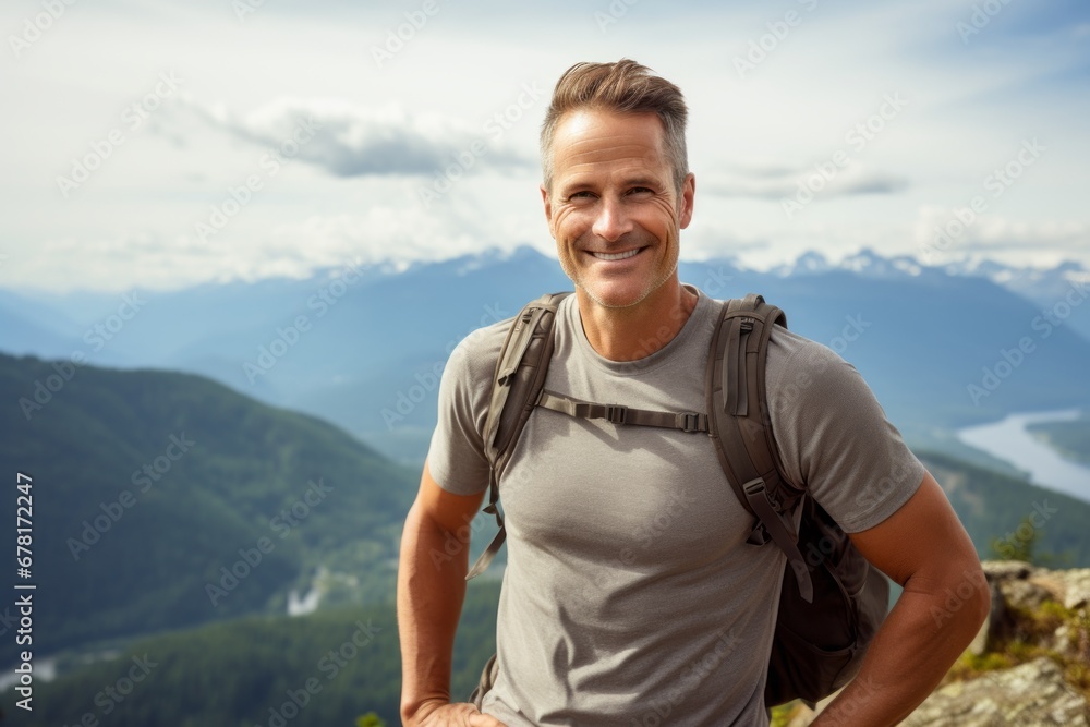 Portrait of a smiling man in his 40s sporting a breathable hiking shirt against a panoramic mountain vista. AI Generation