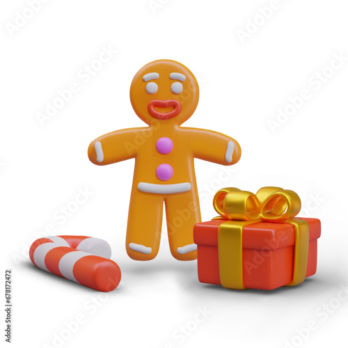 Smiling gingerbread man, candy cane, red gift box with golden bow. Vector composition on white background. Concept of winter sweets, gifts, pleasant surprises