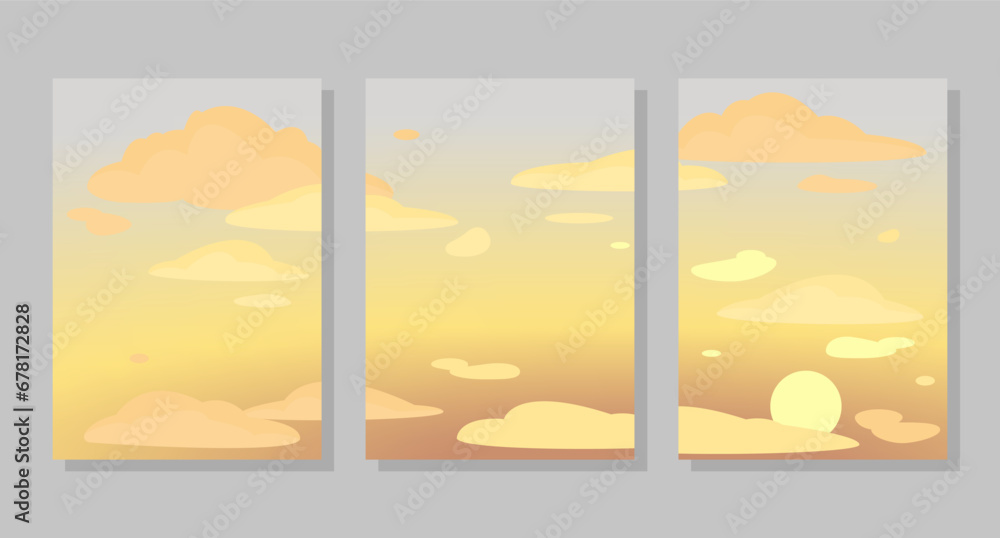 Set of sky background, frames. Sunset and clouds. Vector illustration. Social media banner template for stories, posts, blogs, cards, invitations.