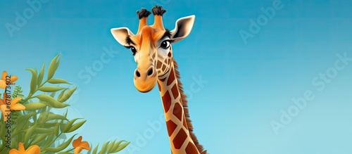 In the colorful world of cartoons a cute and funny character emerged a tropical African giraffe a giant and exotic mammal This wildlife mascot with its long neck and quirky personality brou photo