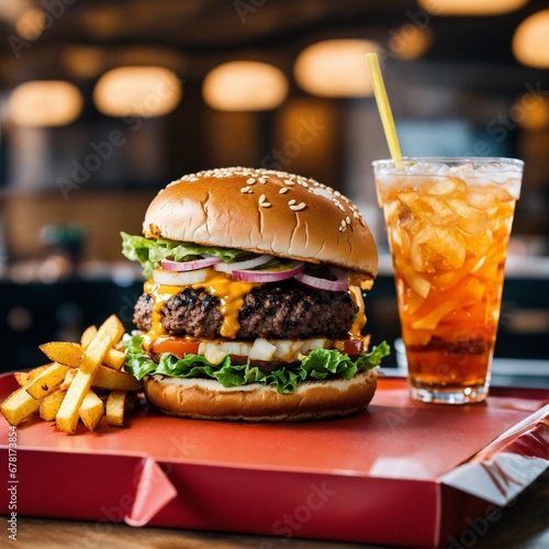 A photo of a takeout meal. The meal is a burger with fries and a drink. The food is well-presented and looks delicious.