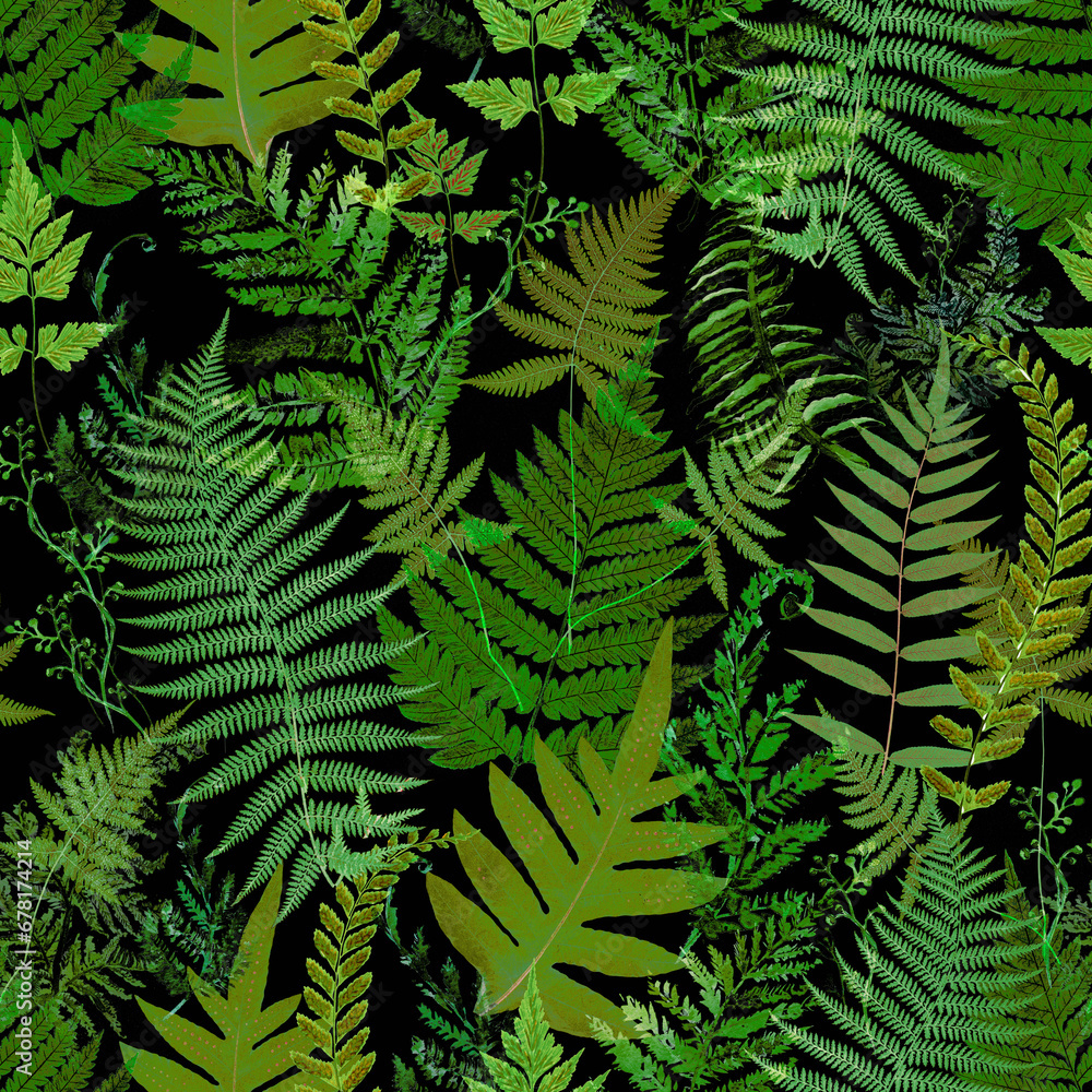 Green Ferns. Decorative seamless pattern. Repeating background. Tileable wallpaper print.