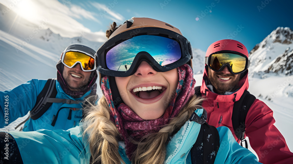 Happy group of skiers taking selfie sitting on winter slope Happy group of skiers taking selfie sitting on winter slope