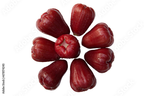Rose apple fruits or Wax apple (Syzygium samarangense) with other names like Chompoo-ThabThimChan. It has smooth, glossy, red surface, sweet and crispy taste. On white background, PNG. photo