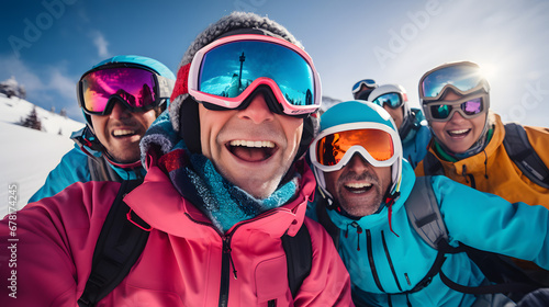Happy group of skiers taking selfie sitting on winter slope