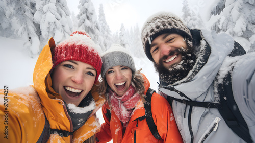 Happy group of skiers taking selfie sitting on winter slope