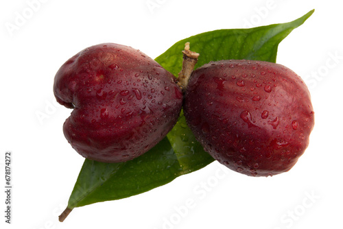Pomerac fruits (Syzygium malaccense) has other names are Malay Apple, Chompoo Mameaw, Rose apple. It's pear-like fruit with calyx attached to end of fruit, dark red color. On white background, PNG. photo