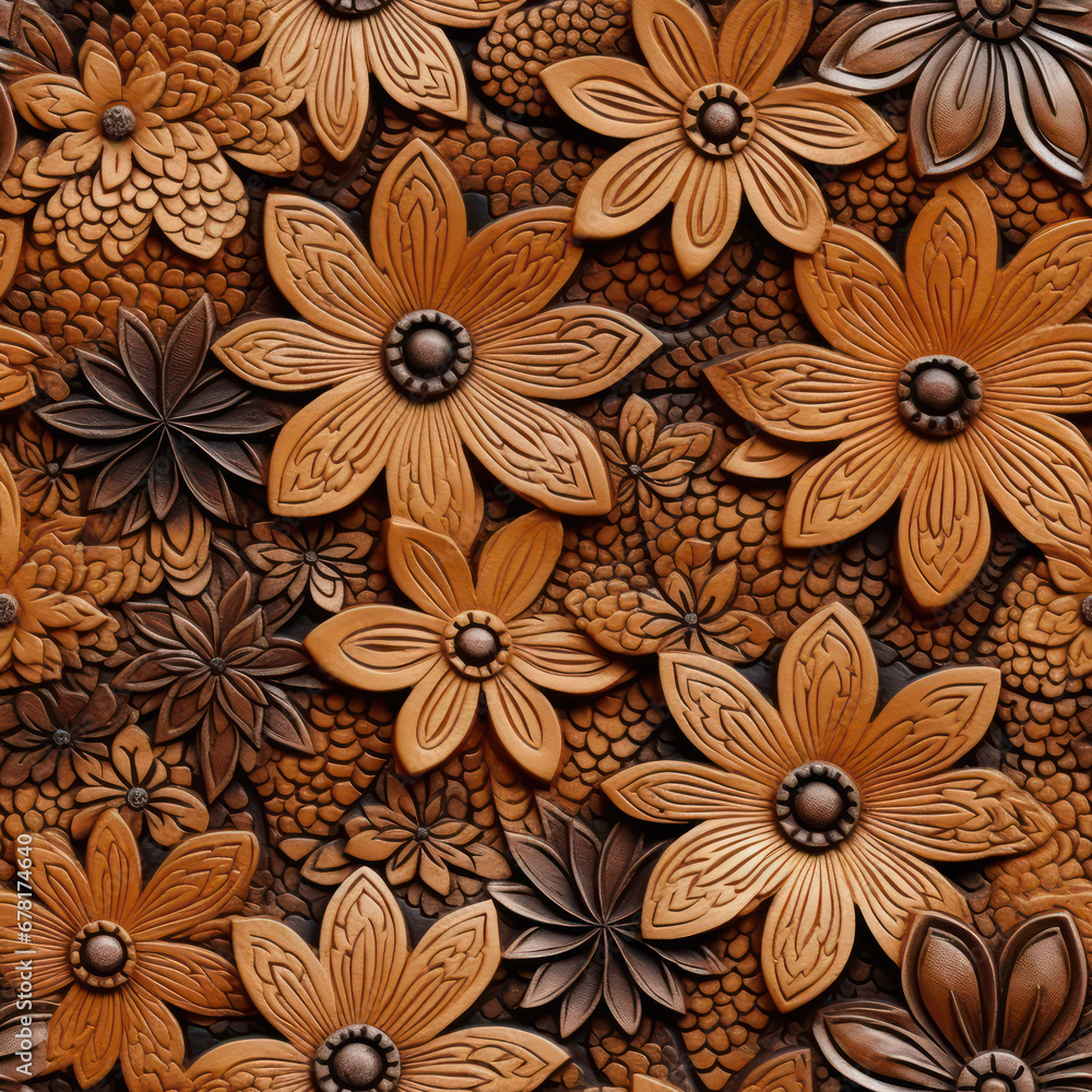 Seamless retro style leather brown flowers decorative background, ai generative Seamless retro style leather brown flowers decorative background, ai generative