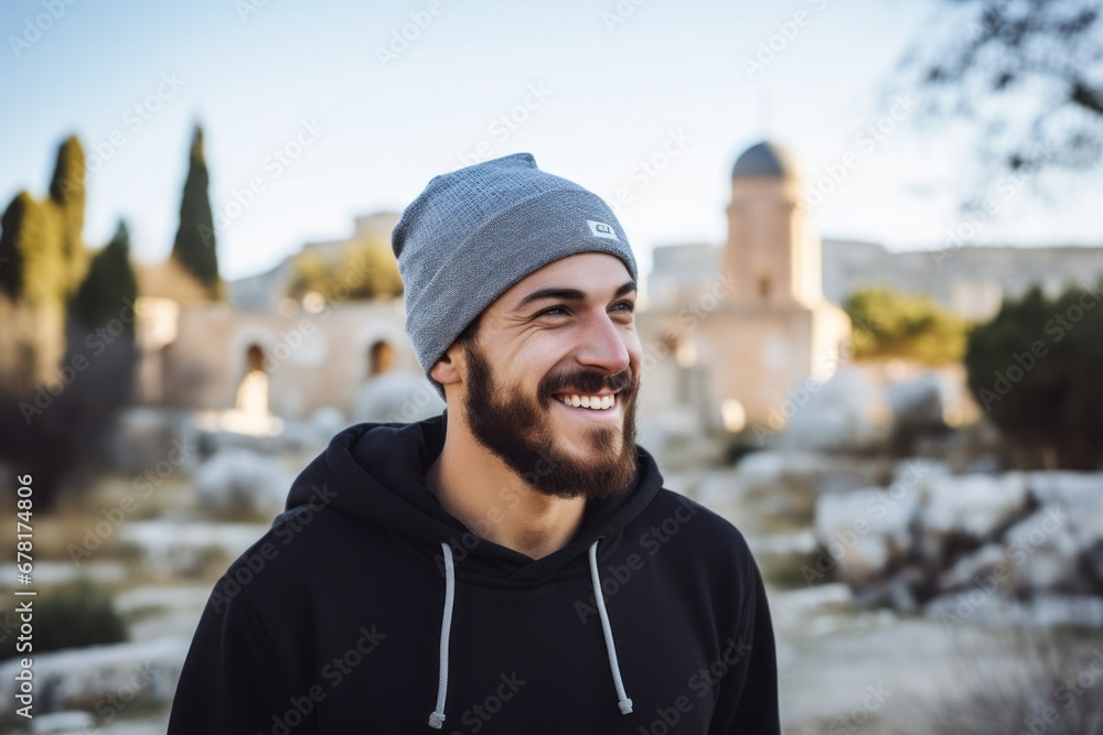 Portrait of a joyful man in his 20s sporting a trendy beanie against a backdrop of ancient ruins. AI Generation Portrait of a joyful man in his 20s sporting a trendy beanie against a backdrop of ancient ruins. AI Generation