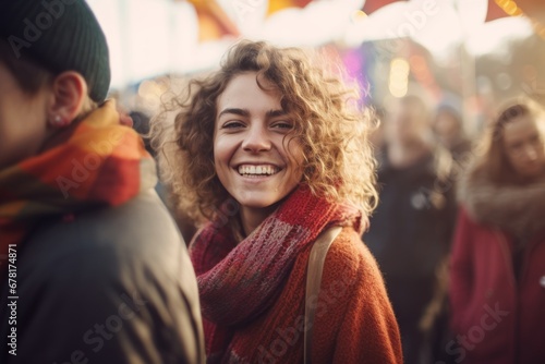 Portrait of a happy woman in her 30s dressed in a warm wool sweater against a vibrant festival crowd. AI Generation