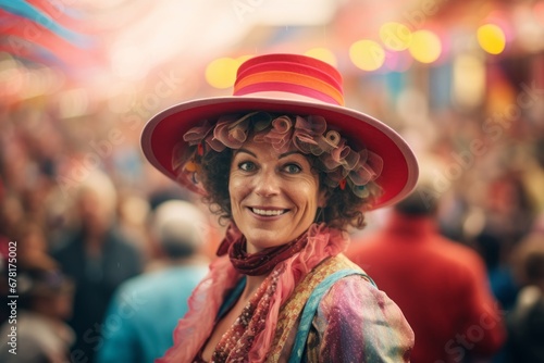 Portrait of a merry woman in her 40s donning a classic fedora against a vibrant festival crowd. AI Generation