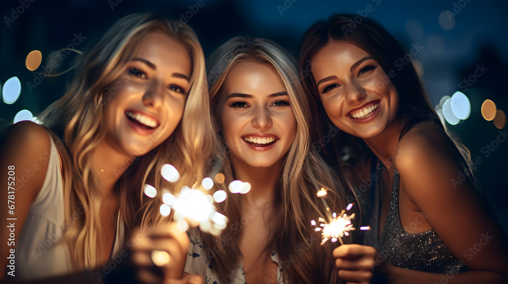 Group of girls friends having fun for celebration and holding a burn sparkler lights Group of girls friends having fun for celebration and holding a burn sparkler lights