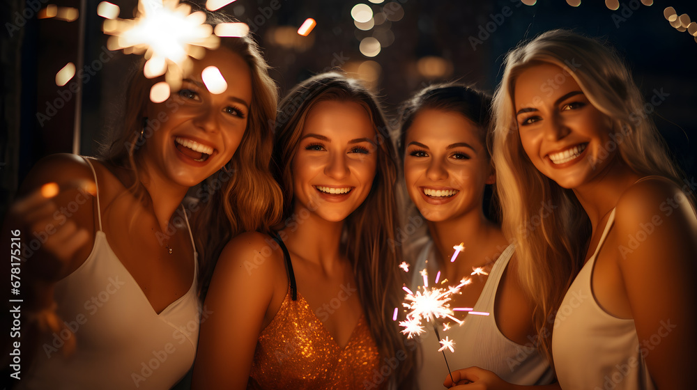 Group of girls friends having fun for celebration and holding a burn sparkler lights Group of girls friends having fun for celebration and holding a burn sparkler lights