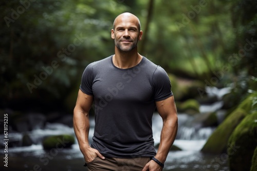 Portrait of a happy man in his 40s dressed in a casual t-shirt against a tranquil forest stream. AI Generation