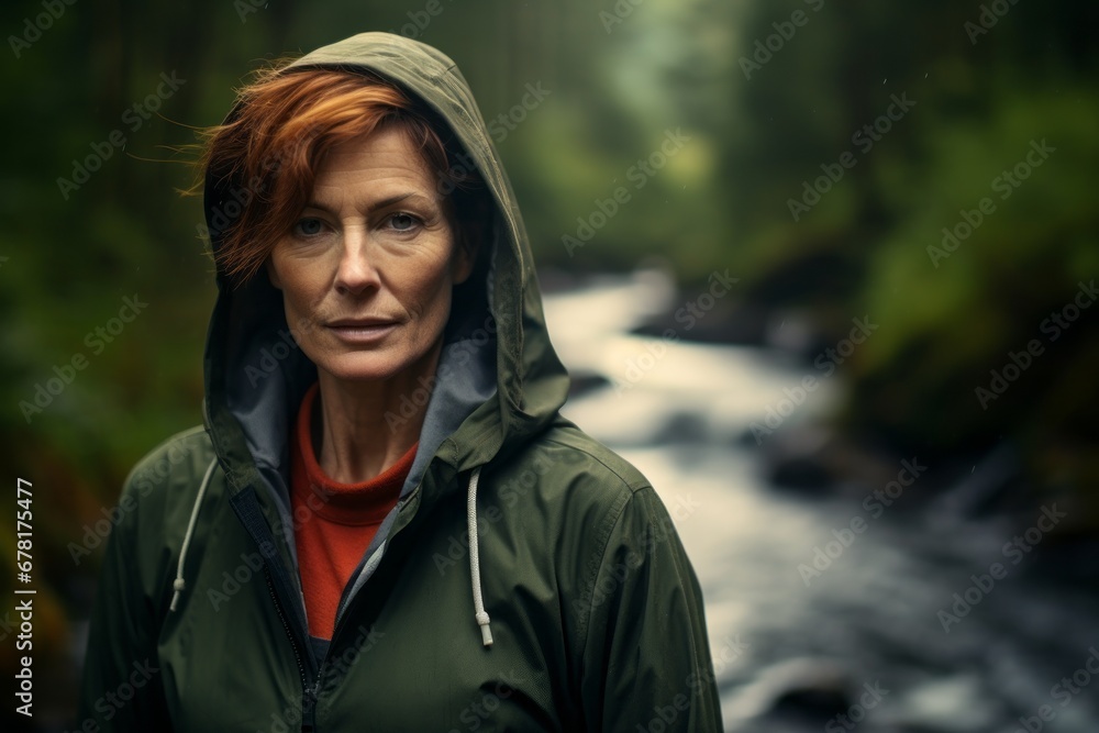 Portrait of a tender woman in her 50s wearing a zip-up fleece hoodie against a tranquil forest stream. AI Generation