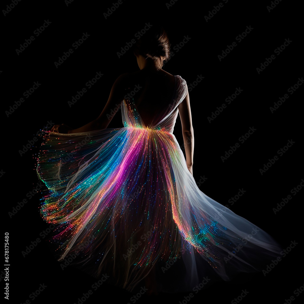 young fair lady with colourfully bright glow, glittering in the dark dress, from behind isolated on black, light painted motion