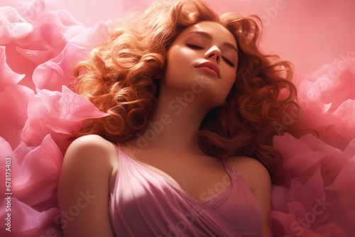 A woman embracing self-love isolated on a pink gradient background  photo