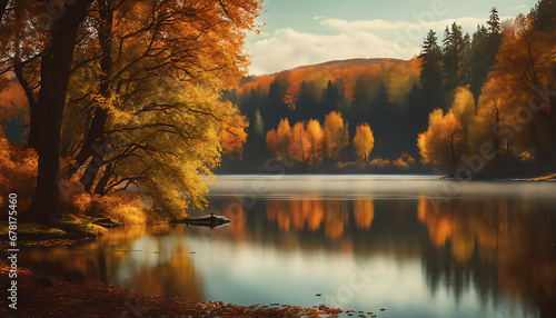  a lakeside, autumnal scene with trees