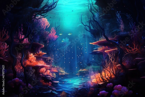 Surreal Underwater World with Bioluminescent Creatures and Coral Reefs.